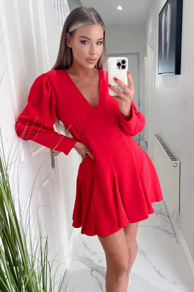 AX Paris Red VNeck Long Sleeve Skater Dress Women Dresses