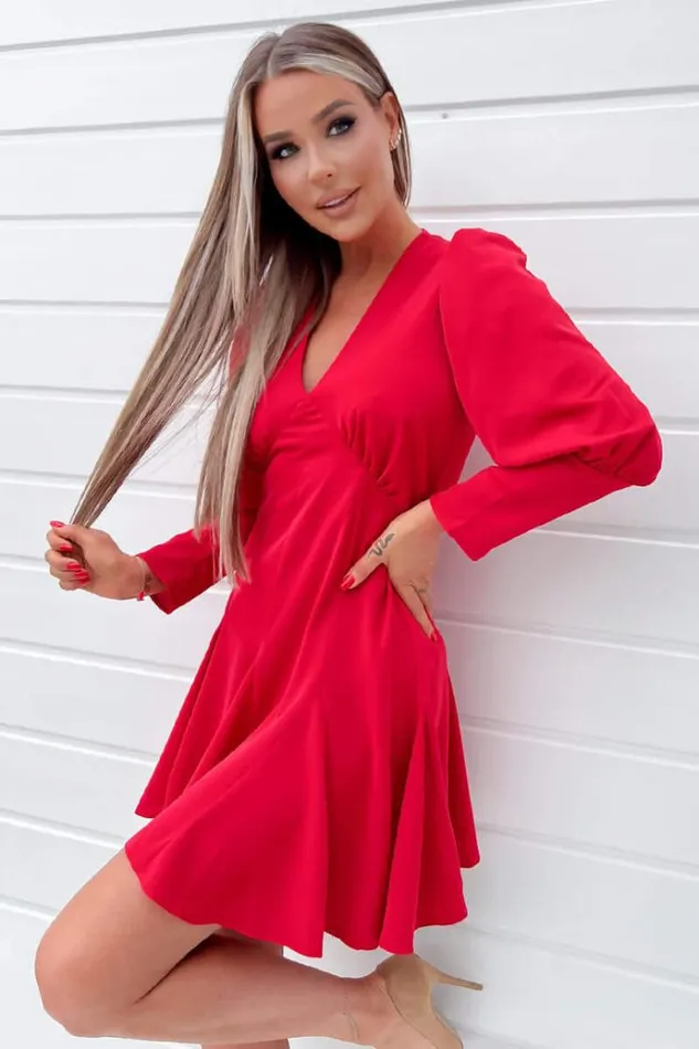 AX Paris Red VNeck Long Sleeve Skater Dress Women Dresses