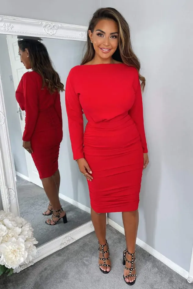 AX Paris Red Wide Neck Ruched Bodycon Dress Women Dresses