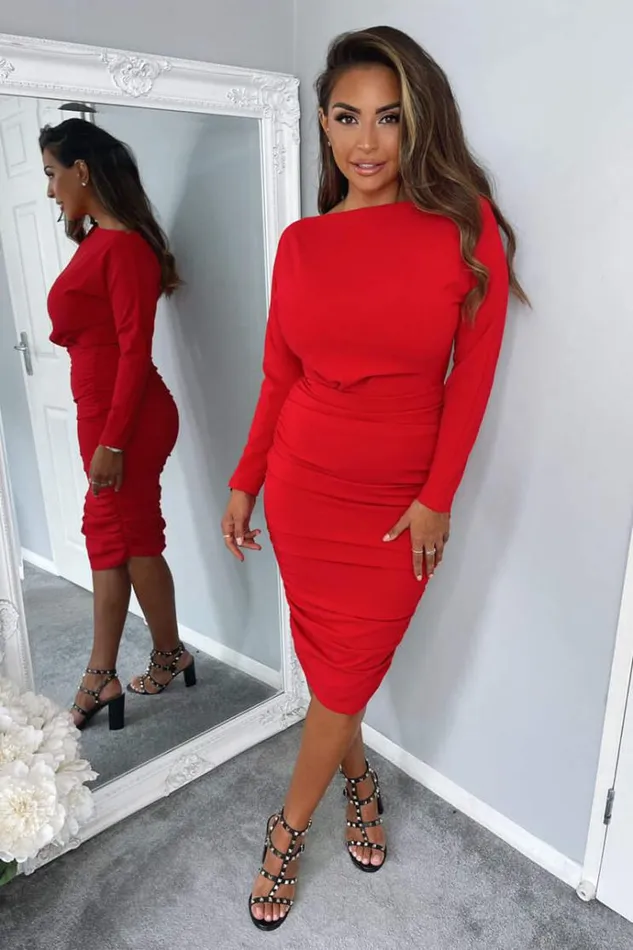 AX Paris Red Wide Neck Ruched Bodycon Dress Women Dresses