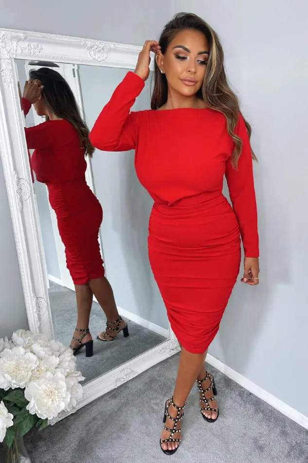 AX Paris Red Wide Neck Ruched Bodycon Dress Women Dresses