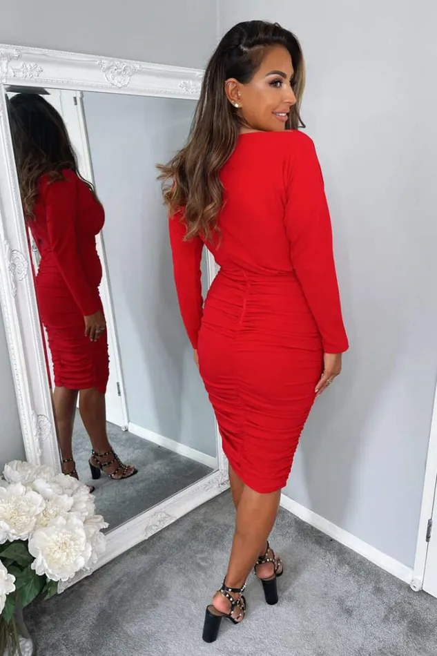 AX Paris Red Wide Neck Ruched Bodycon Dress Women Dresses