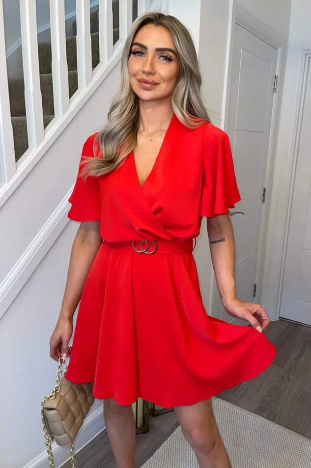 AX Paris Red Wrap Over Belted Skater Dress With Short Sleeves Women Dresses