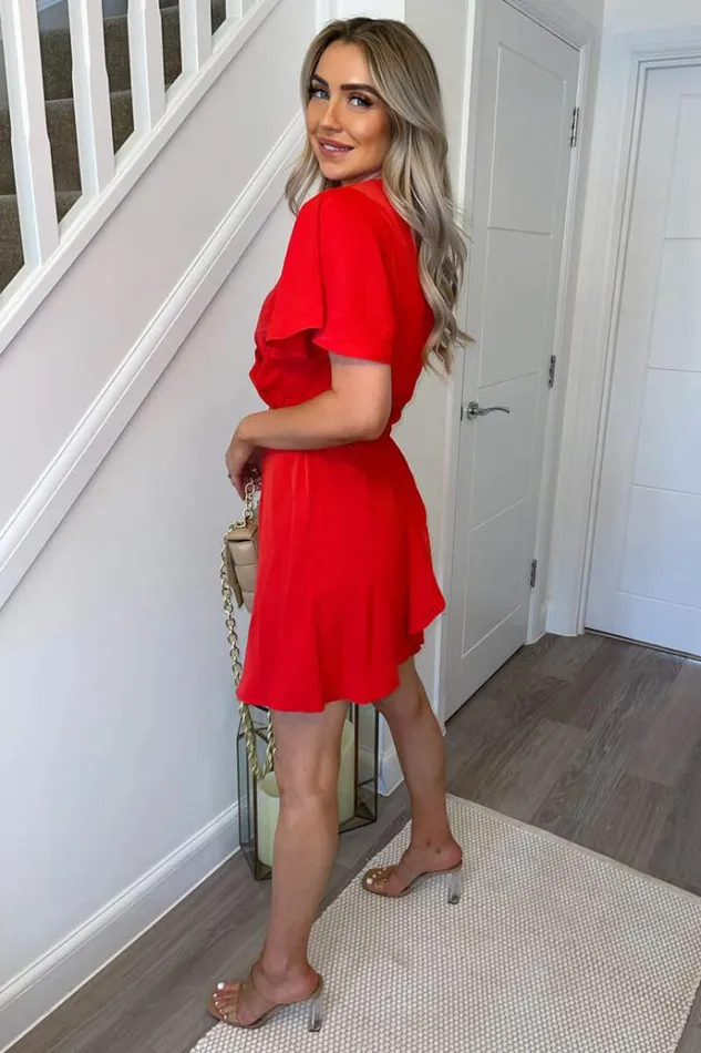 AX Paris Red Wrap Over Belted Skater Dress With Short Sleeves Women Dresses