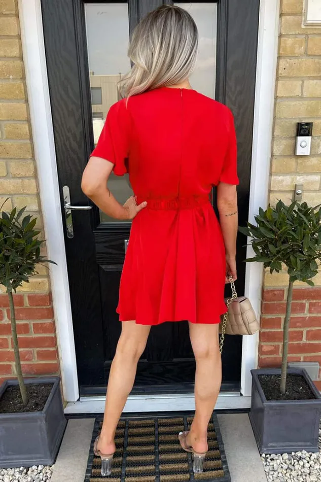 AX Paris Red Wrap Over Belted Skater Dress With Short Sleeves Women Dresses