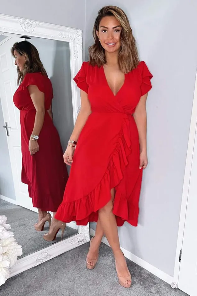 AX Paris Red Wrap Over Frill Hem Short Sleeve Midi Dress Women Dresses