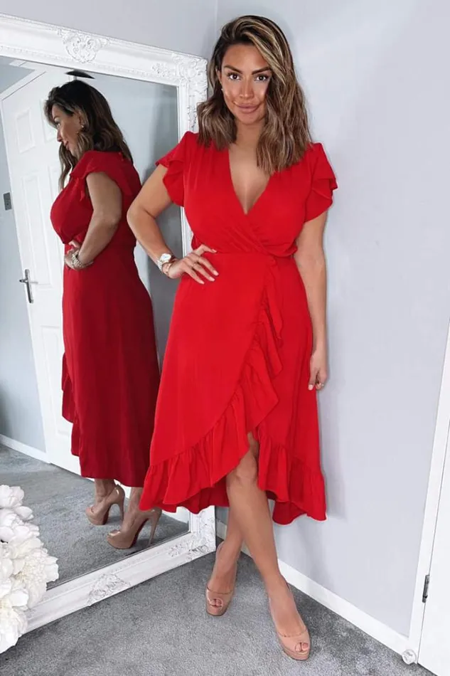 AX Paris Red Wrap Over Frill Hem Short Sleeve Midi Dress Women Dresses