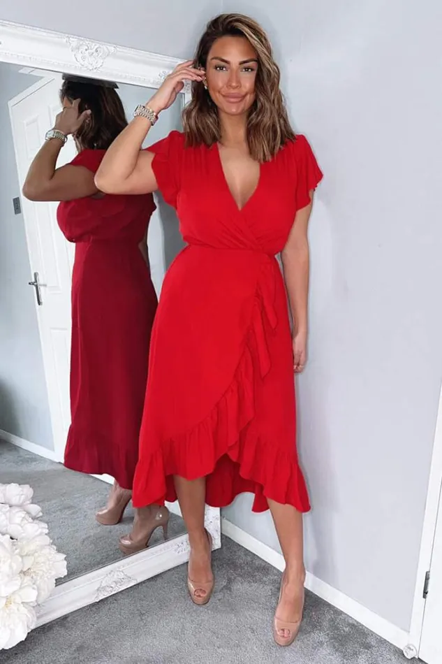 AX Paris Red Wrap Over Frill Hem Short Sleeve Midi Dress Women Dresses