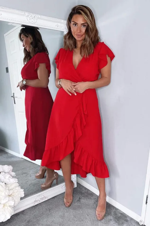 AX Paris Red Wrap Over Frill Hem Short Sleeve Midi Dress Women Dresses