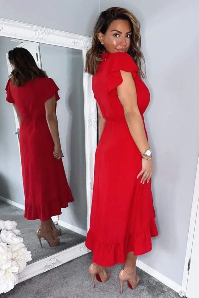 AX Paris Red Wrap Over Frill Hem Short Sleeve Midi Dress Women Dresses
