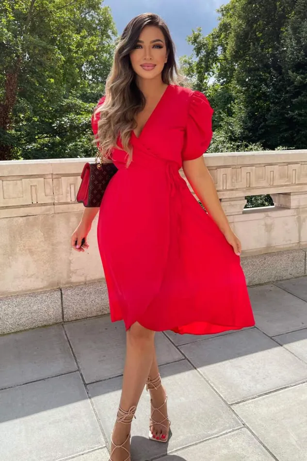 AX Paris Red Wrap Over Tie Midi Dress Women Dresses