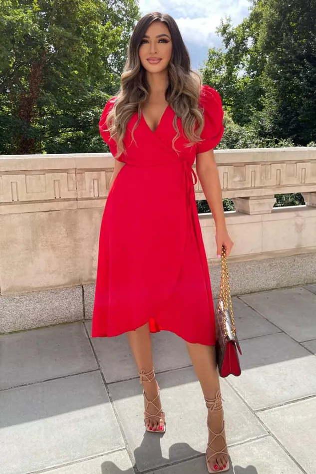 AX Paris Red Wrap Over Tie Midi Dress Women Dresses