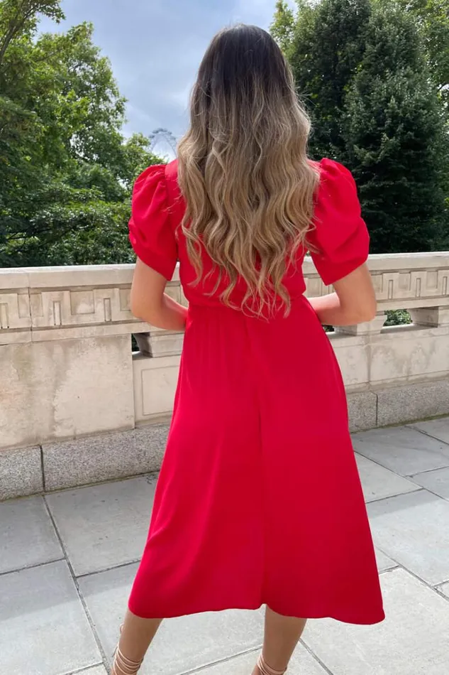 AX Paris Red Wrap Over Tie Midi Dress Women Dresses