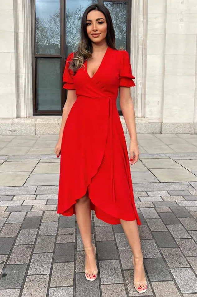 AX Paris Red Wrap Side Tie Midi Dress Women Dresses
