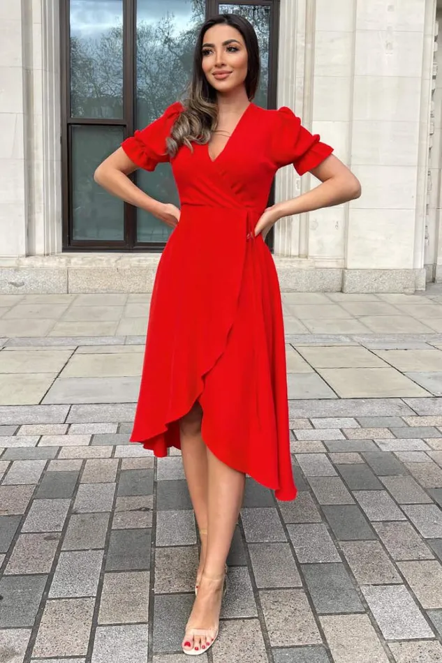AX Paris Red Wrap Side Tie Midi Dress Women Dresses