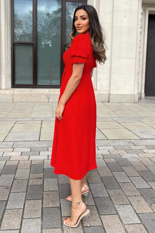 AX Paris Red Wrap Side Tie Midi Dress Women Dresses
