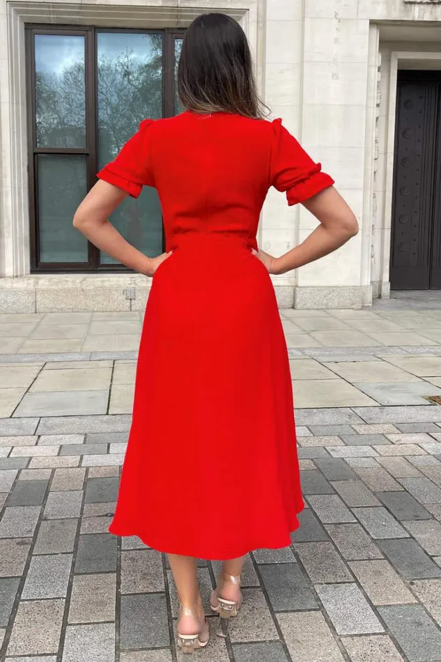 AX Paris Red Wrap Side Tie Midi Dress Women Dresses