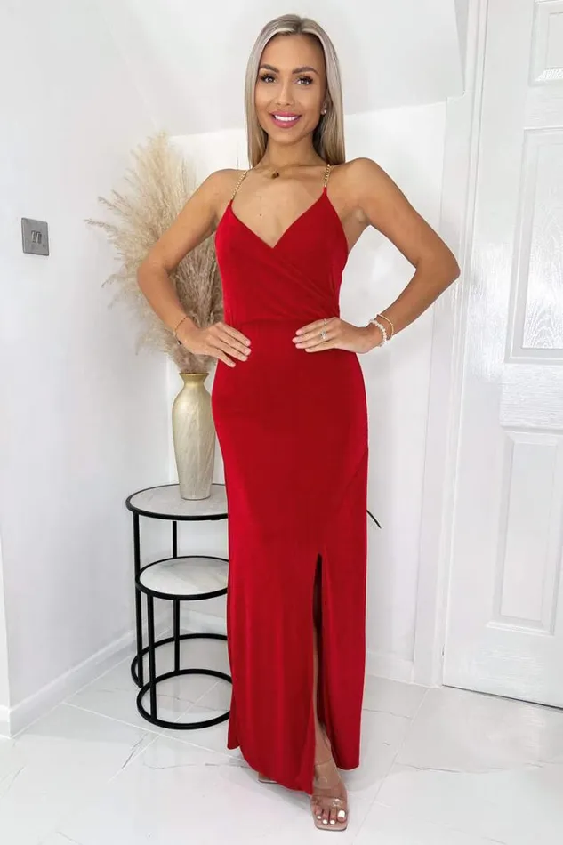 AX Paris Red Wrap Top Ruched Side Chain Strap Midi Dress Women Dresses