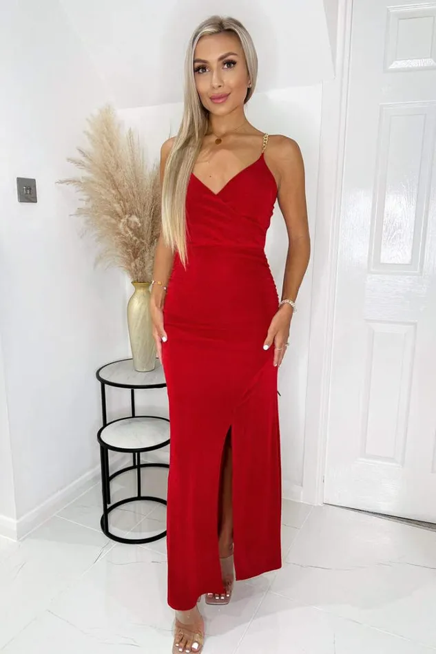 AX Paris Red Wrap Top Ruched Side Chain Strap Midi Dress Women Dresses