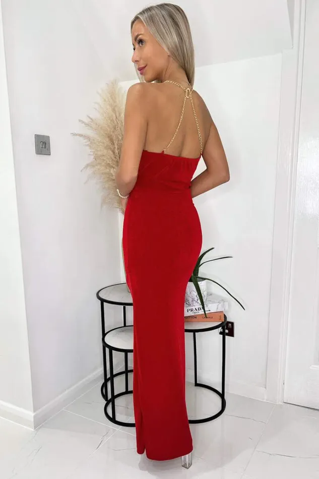 AX Paris Red Wrap Top Ruched Side Chain Strap Midi Dress Women Dresses