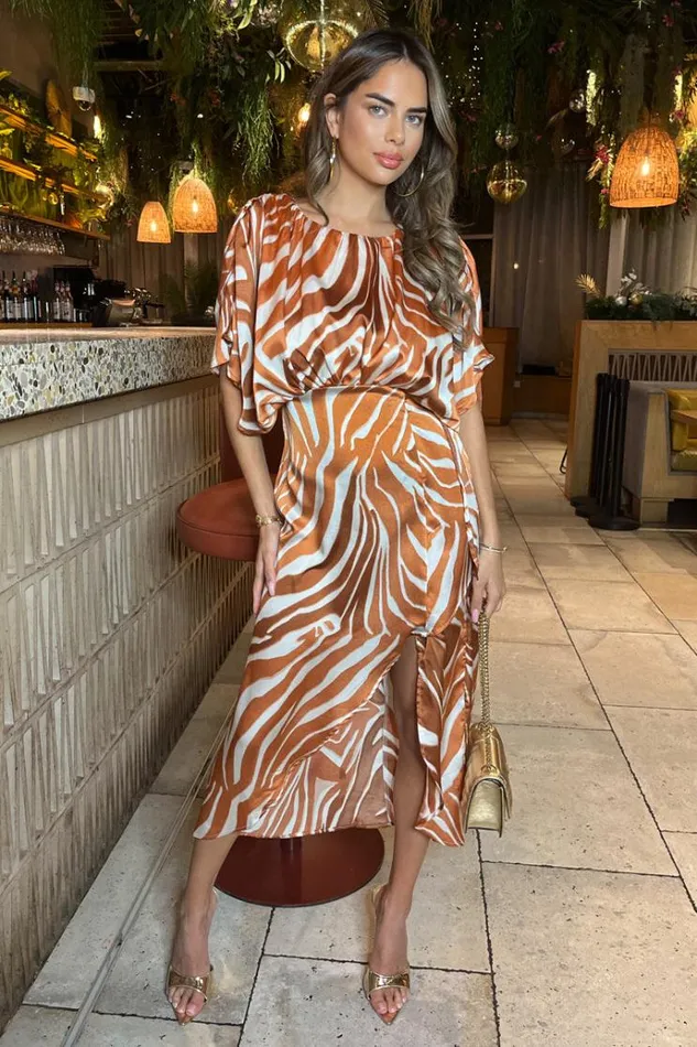 AX Paris Rust Print Batwing Top Midi Dress Women Dresses