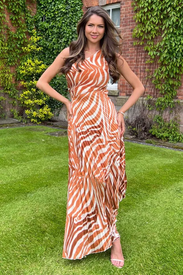 AX Paris Rust Printed One Shoulder Pleated Midi Dress Women Dresses