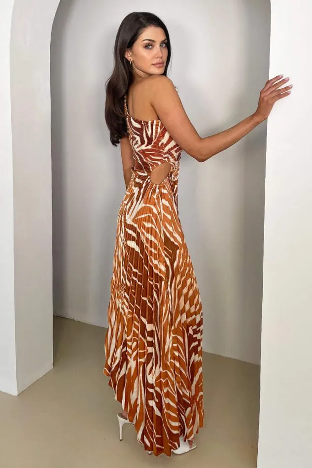 AX Paris Rust Printed One Shoulder Pleated Midi Dress Women Dresses