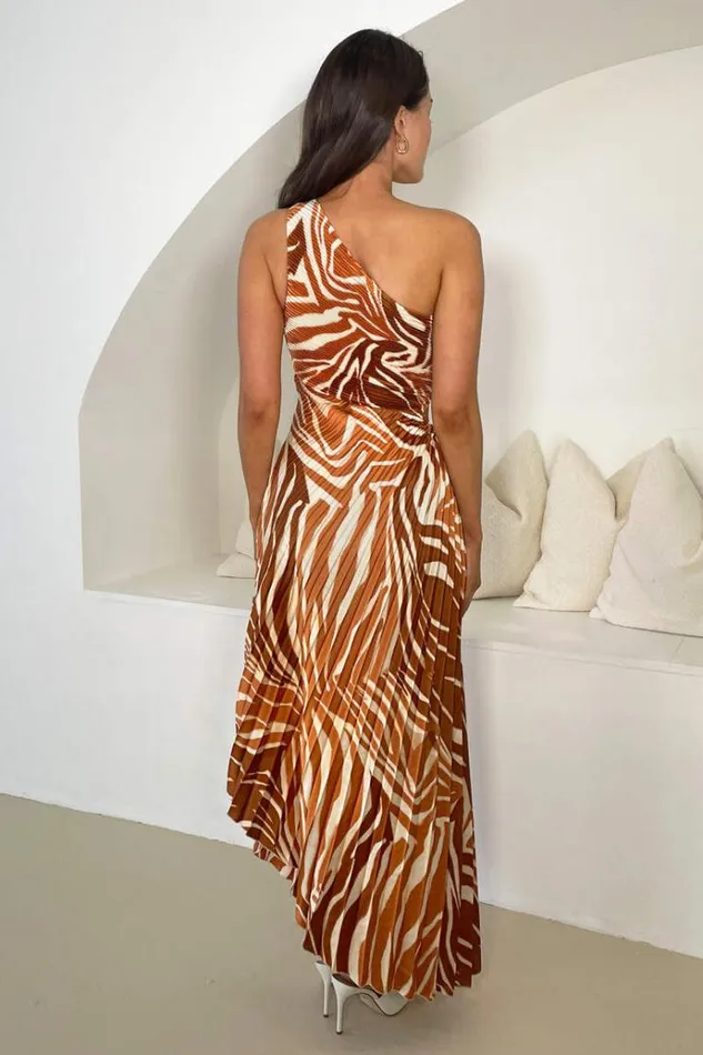 AX Paris Rust Printed One Shoulder Pleated Midi Dress Women Dresses