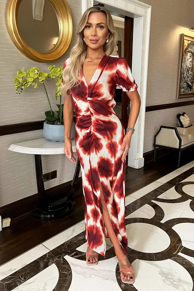 AX Paris Rust Printed Puff Sleeve Front Split Midi Dress Women Dresses