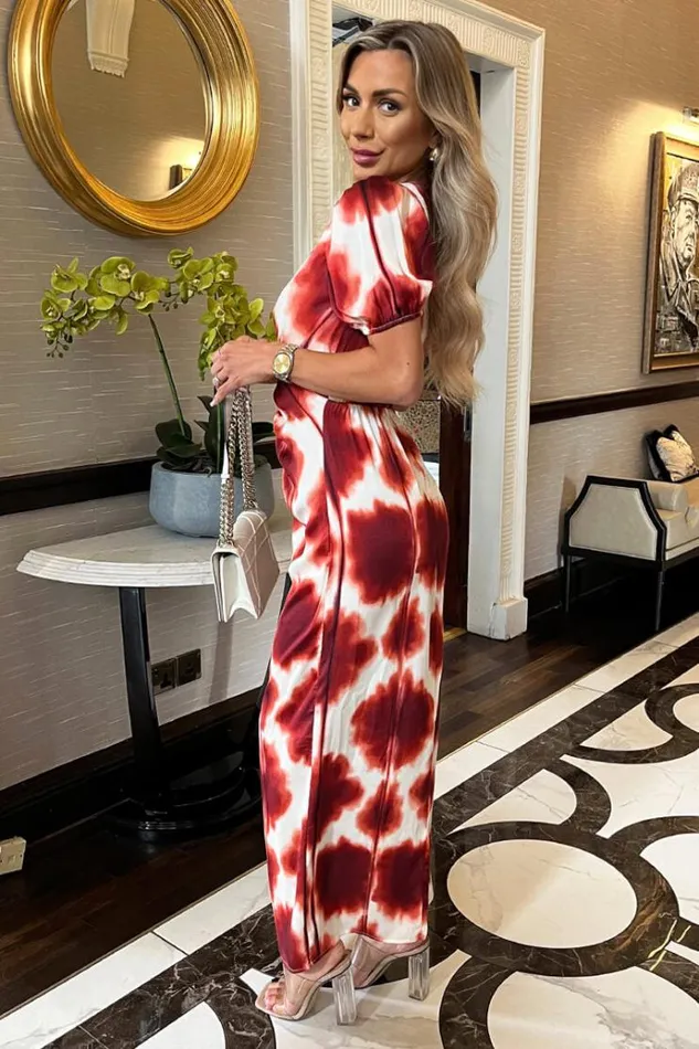 AX Paris Rust Printed Puff Sleeve Front Split Midi Dress Women Dresses