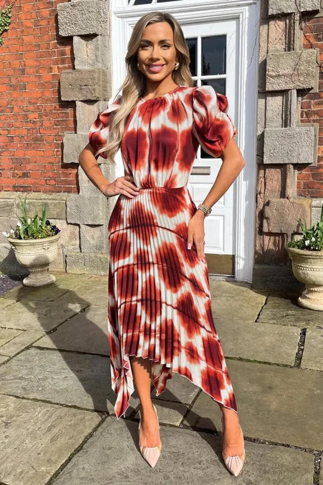 AX Paris Rust Printed Puff Sleeve Zig Zag Hem Pleated Midi Dress Women Dresses AX Paris Rust Printed Puff Sleeve Zig Zag Hem Pleated Midi Dress Women Dresses