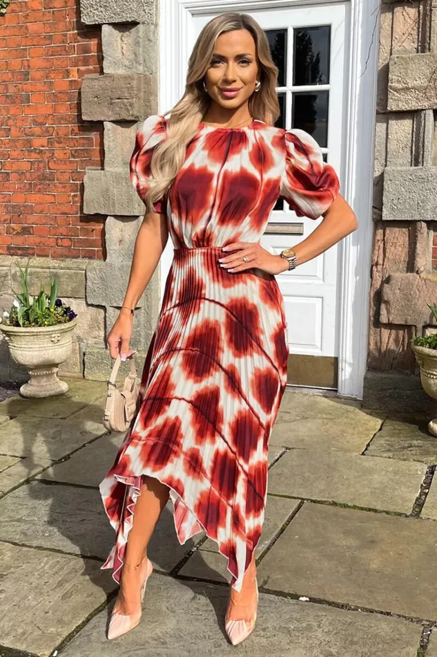 AX Paris Rust Printed Puff Sleeve Zig Zag Hem Pleated Midi Dress Women Dresses