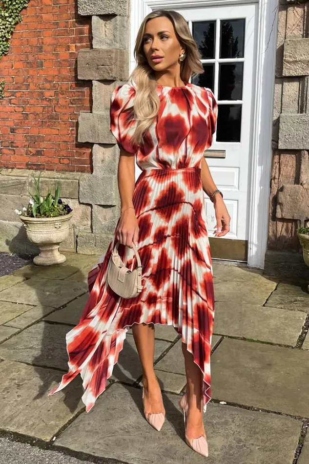 AX Paris Rust Printed Puff Sleeve Zig Zag Hem Pleated Midi Dress Women Dresses