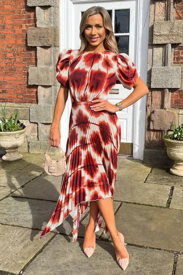 AX Paris Rust Printed Puff Sleeve Zig Zag Hem Pleated Midi Dress Women Dresses
