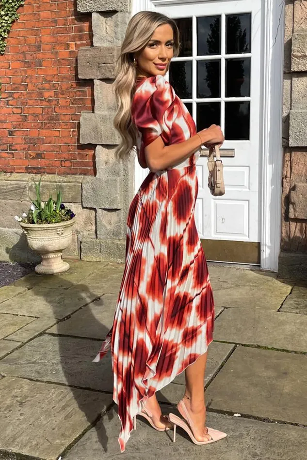 AX Paris Rust Printed Puff Sleeve Zig Zag Hem Pleated Midi Dress Women Dresses