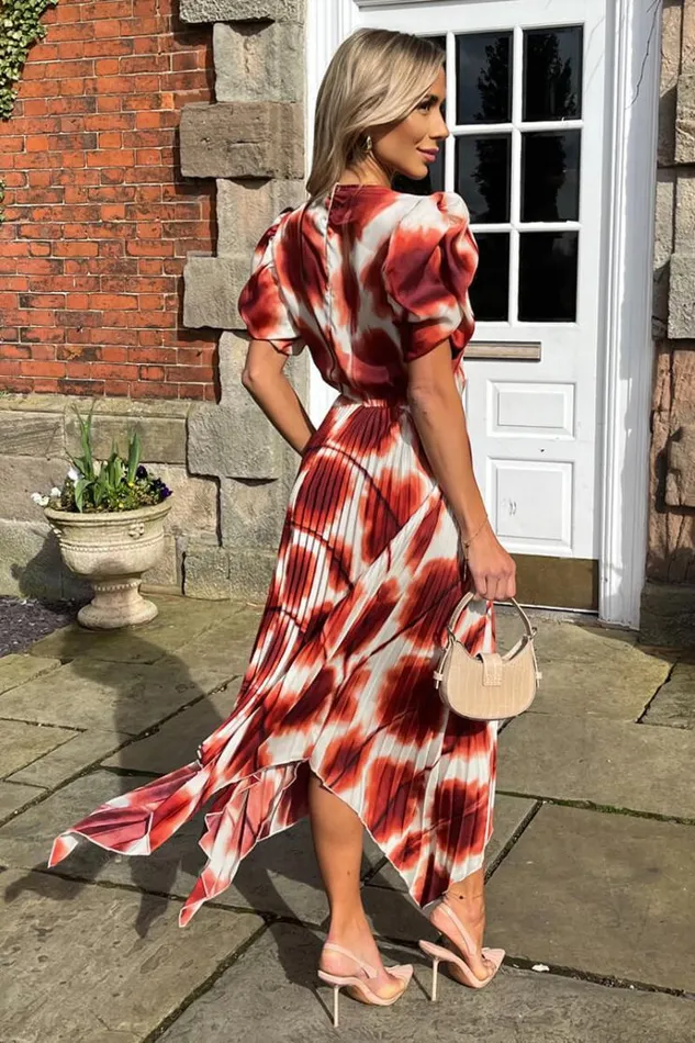AX Paris Rust Printed Puff Sleeve Zig Zag Hem Pleated Midi Dress Women Dresses