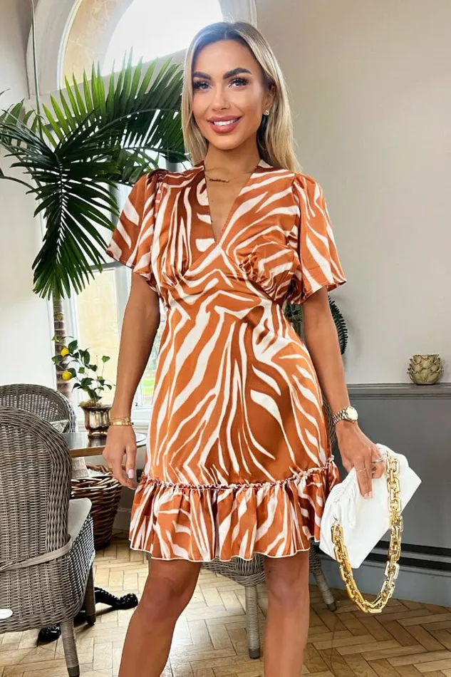 AX Paris Rust Printed Short Sleeve V Neck Mini Dress Women Dresses