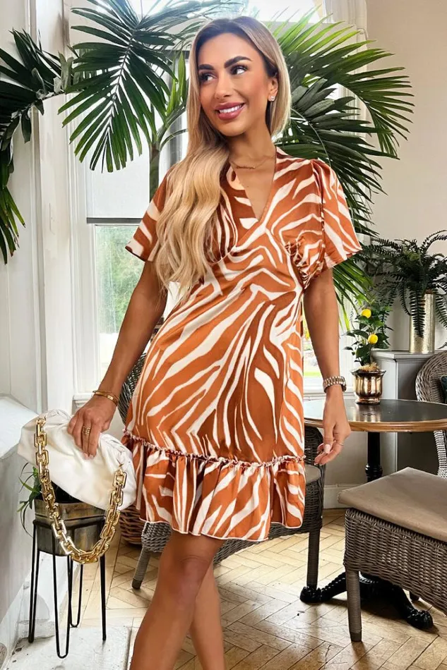 AX Paris Rust Printed Short Sleeve V Neck Mini Dress Women Dresses
