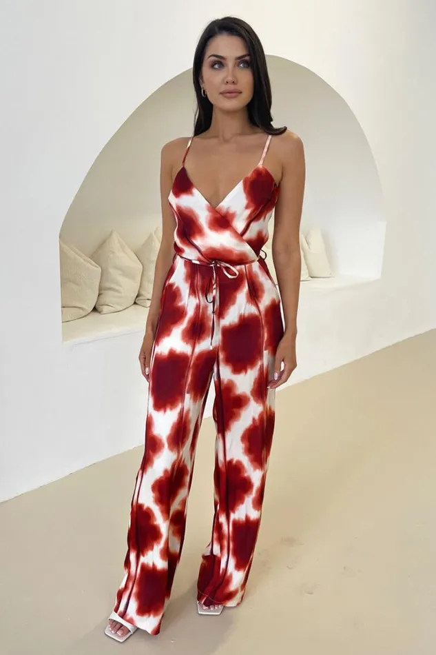 AX Paris Rust Printed Strappy Tie Waist Jumpsuit Women Jumpsuits And Playsuits