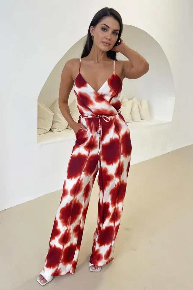 AX Paris Rust Printed Strappy Tie Waist Jumpsuit Women Jumpsuits And Playsuits