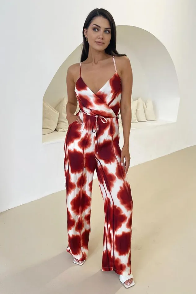 AX Paris Rust Printed Strappy Tie Waist Jumpsuit Women Jumpsuits And Playsuits