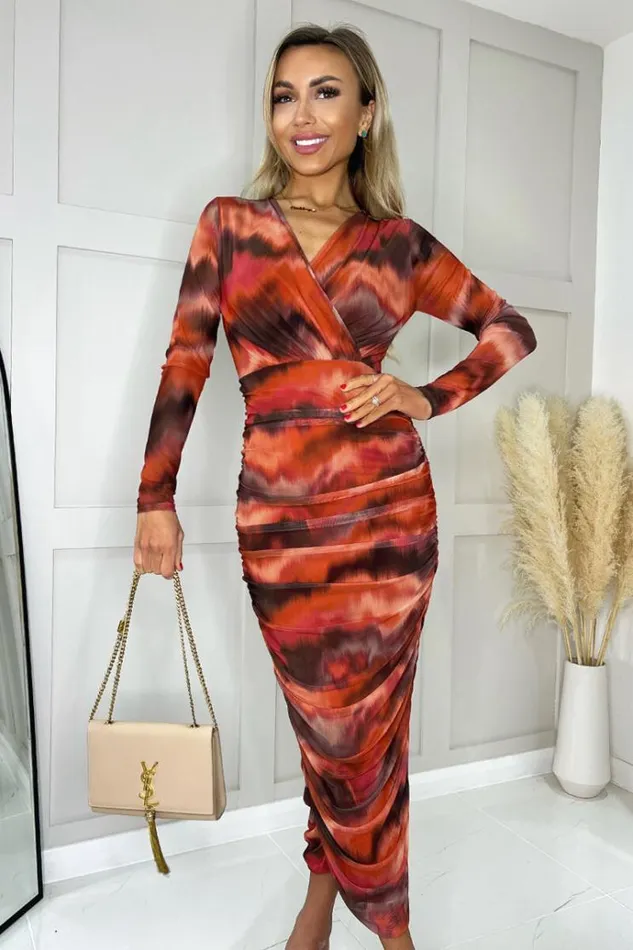 AX Paris Rust Printed Wrap Top Mesh Long Sleeve Bodycon Midi Dress Women Dresses