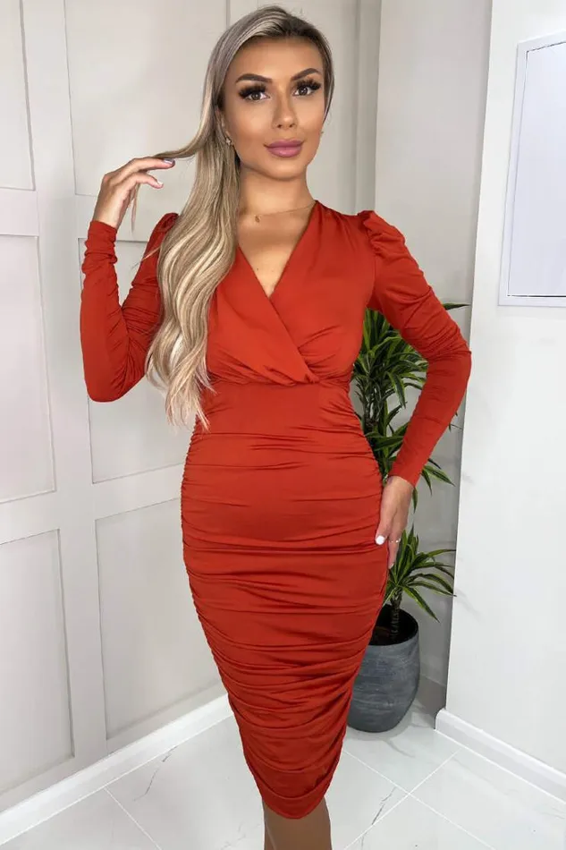 AX Paris Rust Ruched Long Sleeve Cross Front Midi Dress Women Dresses