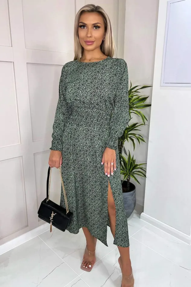AX Paris Sage And Black Printed Elasticated Waist Midi Dress Women Dresses
