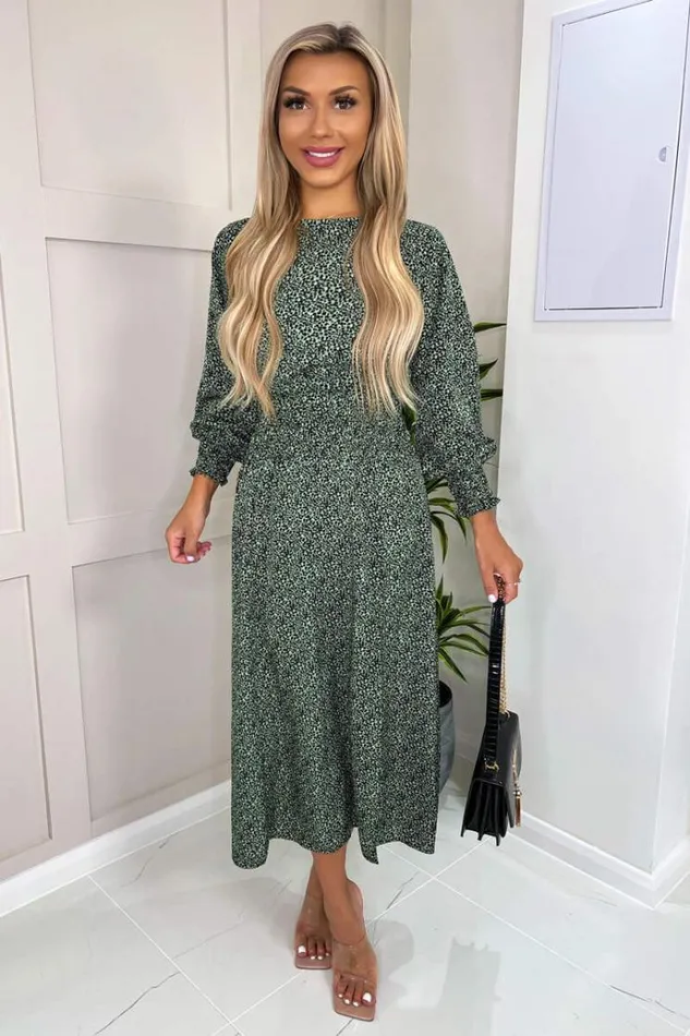AX Paris Sage And Black Printed Elasticated Waist Midi Dress Women Dresses