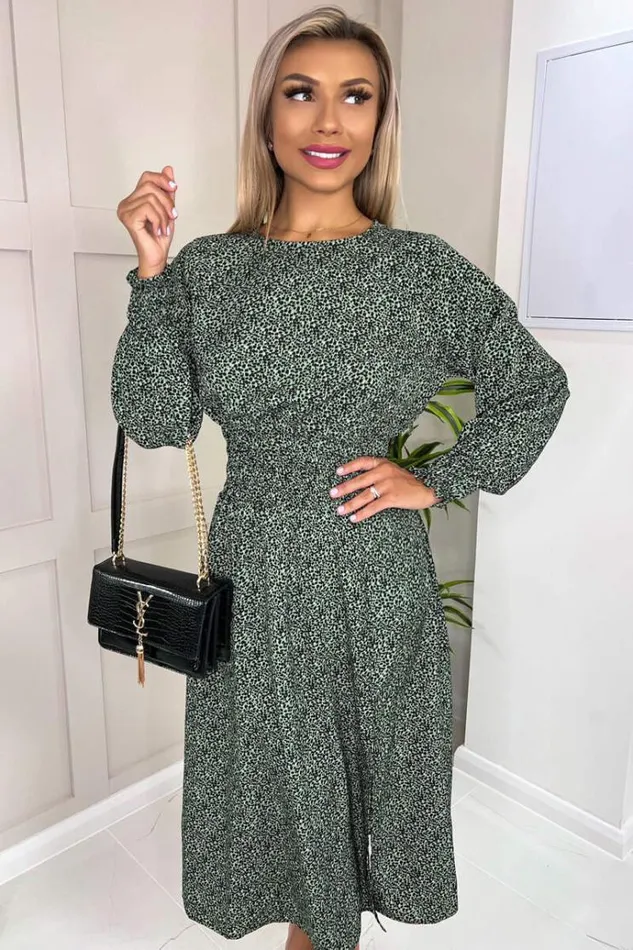 AX Paris Sage And Black Printed Elasticated Waist Midi Dress Women Dresses