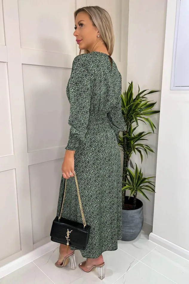AX Paris Sage And Black Printed Elasticated Waist Midi Dress Women Dresses