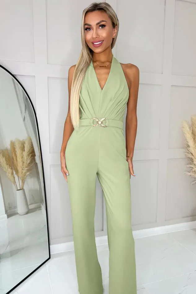 AX Paris Sage Halter Tie Neck Belted Jumpsuit Women Jumpsuits And Playsuits
