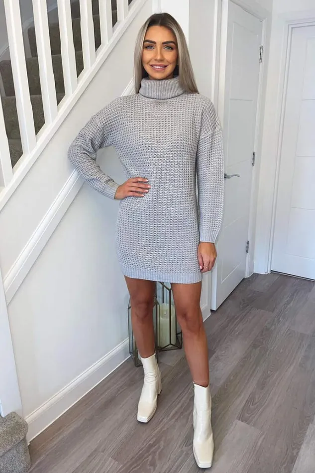 AX Paris Silver Roll Neck Knitted Jumper Dress Women Knitwear