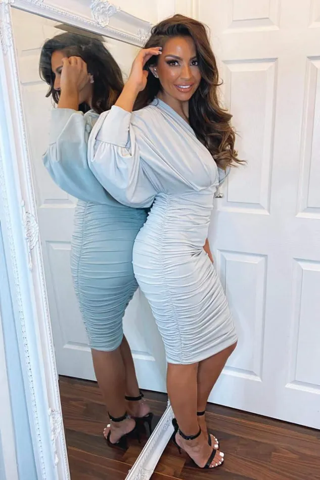 AX Paris Silver Ruched Bat Wing Sleeve Midi Dress Women Dresses